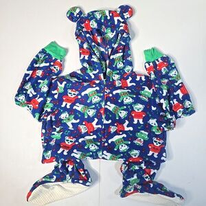 Sleep On It Girls‎ Blue Footed One Piece Hooded Fleece Pajamas Dancing Bears LG